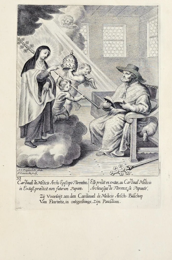 An illustration from Vitae S. Eliae prophetae, S. Mariae Magdalenae de Pazzi & S. Alberti Ordinis Beatissimae Virginis Mariae de Monte Carmelo, iconibus expressae quibus 40 aliae pulcherrimae ejusdem Ordinis sanctorum sanctarumque adjunctae sunt, leaf 186