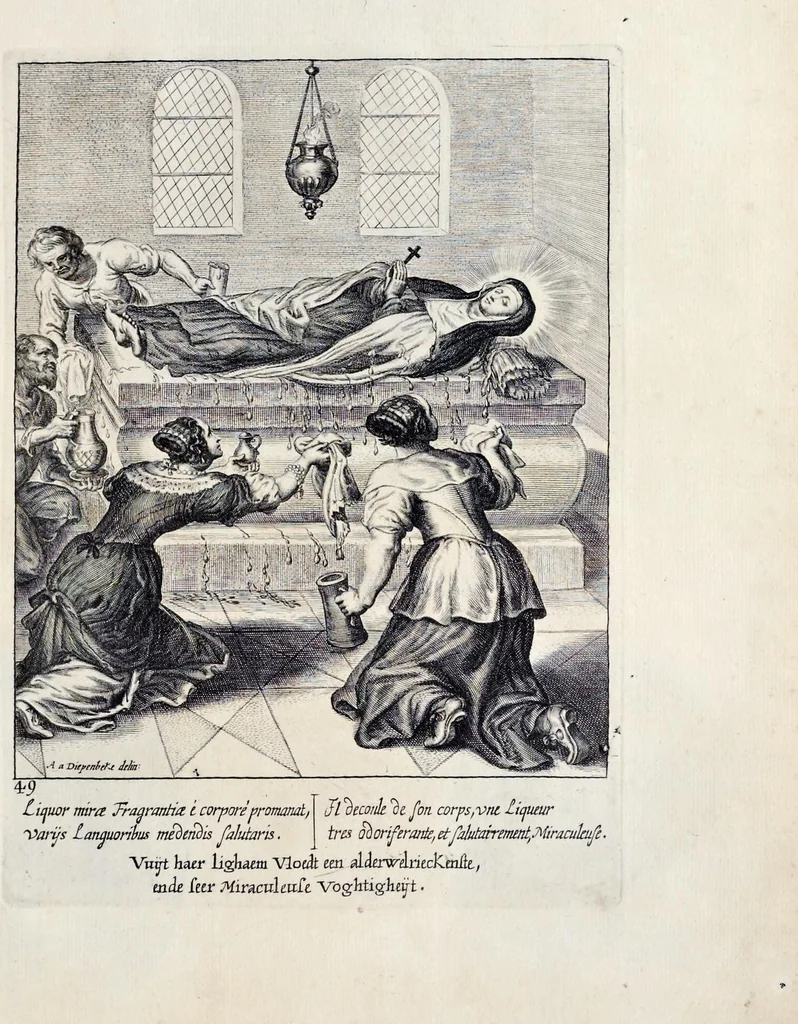 An illustration from Vitae S. Eliae prophetae, S. Mariae Magdalenae de Pazzi & S. Alberti Ordinis Beatissimae Virginis Mariae de Monte Carmelo, iconibus expressae quibus 40 aliae pulcherrimae ejusdem Ordinis sanctorum sanctarumque adjunctae sunt, leaf 218