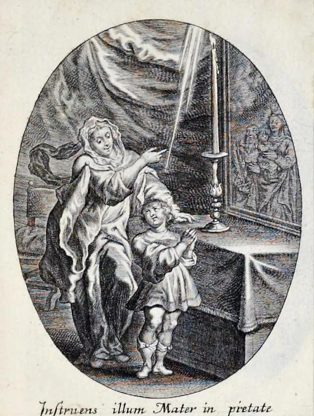 An illustration from Vitae S. Eliae prophetae, S. Mariae Magdalenae de Pazzi & S. Alberti Ordinis Beatissimae Virginis Mariae de Monte Carmelo, iconibus expressae quibus 40 aliae pulcherrimae ejusdem Ordinis sanctorum sanctarumque adjunctae sunt, leaf 222