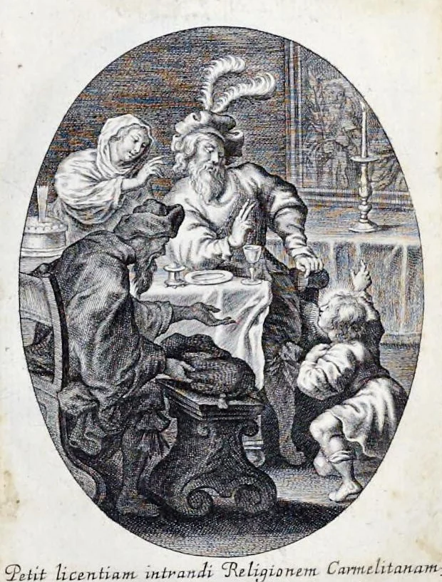 An illustration from Vitae S. Eliae prophetae, S. Mariae Magdalenae de Pazzi & S. Alberti Ordinis Beatissimae Virginis Mariae de Monte Carmelo, iconibus expressae quibus 40 aliae pulcherrimae ejusdem Ordinis sanctorum sanctarumque adjunctae sunt, leaf 222