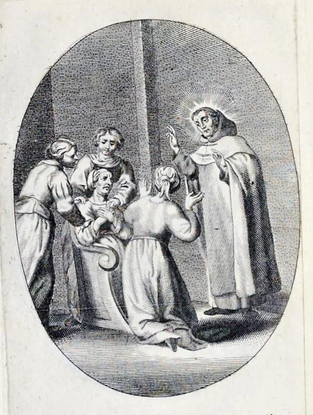 An illustration from Vitae S. Eliae prophetae, S. Mariae Magdalenae de Pazzi & S. Alberti Ordinis Beatissimae Virginis Mariae de Monte Carmelo, iconibus expressae quibus 40 aliae pulcherrimae ejusdem Ordinis sanctorum sanctarumque adjunctae sunt, leaf 228
