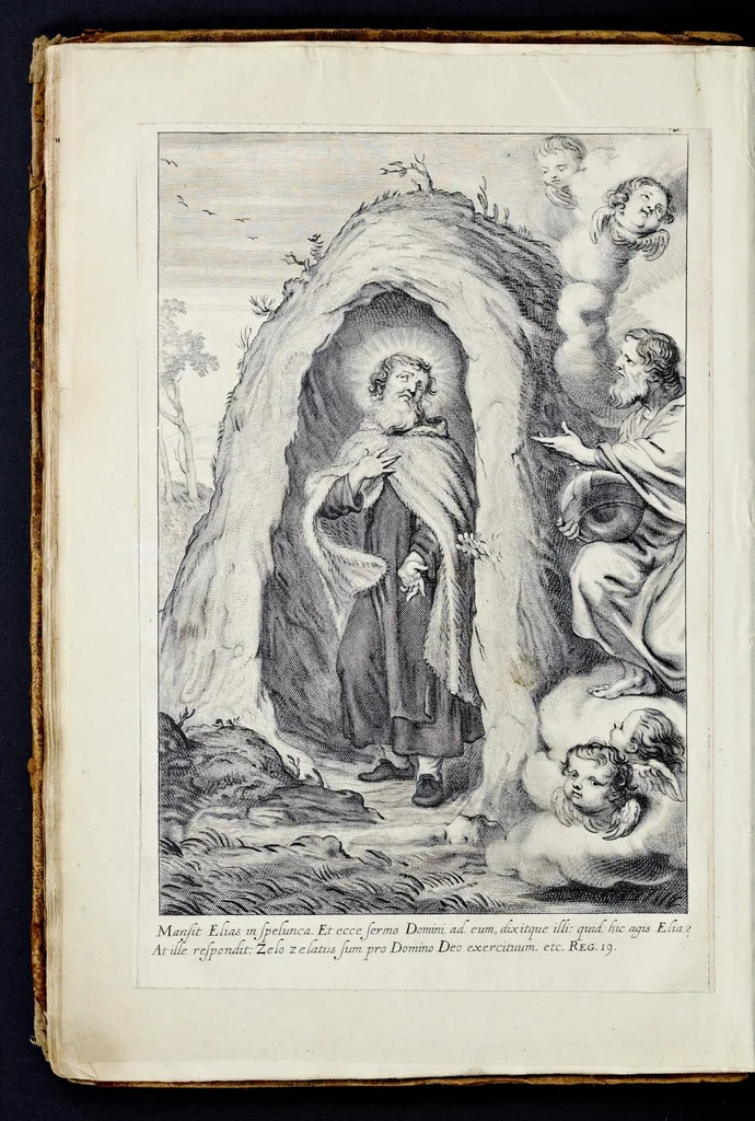 An illustration from Vitae S. Eliae prophetae, S. Mariae Magdalenae de Pazzi & S. Alberti Ordinis Beatissimae Virginis Mariae de Monte Carmelo, iconibus expressae quibus 40 aliae pulcherrimae ejusdem Ordinis sanctorum sanctarumque adjunctae sunt, leaf 49