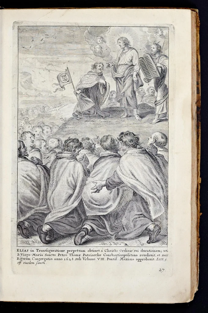 An illustration from Vitae S. Eliae prophetae, S. Mariae Magdalenae de Pazzi & S. Alberti Ordinis Beatissimae Virginis Mariae de Monte Carmelo, iconibus expressae quibus 40 aliae pulcherrimae ejusdem Ordinis sanctorum sanctarumque adjunctae sunt, leaf 86