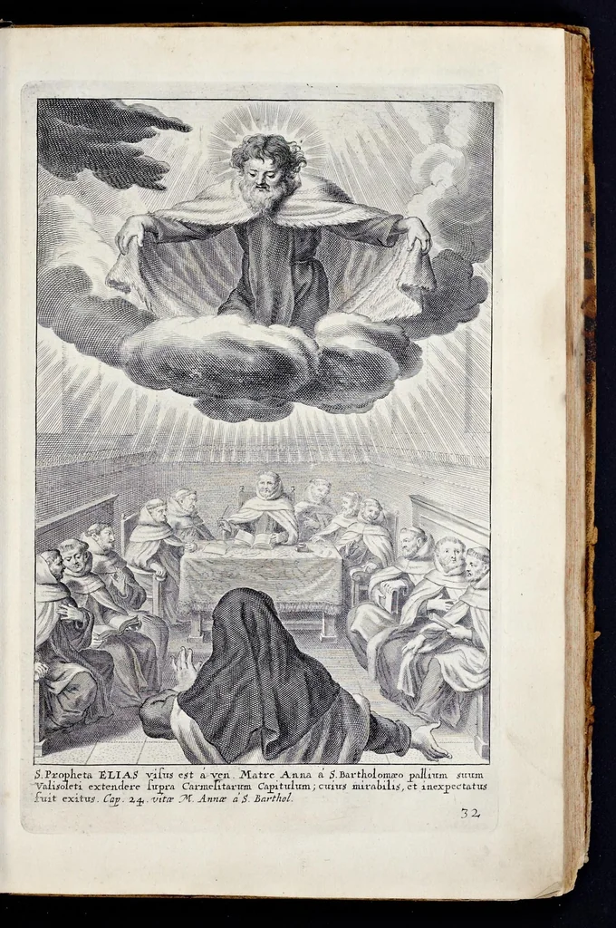 An illustration from Vitae S. Eliae prophetae, S. Mariae Magdalenae de Pazzi & S. Alberti Ordinis Beatissimae Virginis Mariae de Monte Carmelo, iconibus expressae quibus 40 aliae pulcherrimae ejusdem Ordinis sanctorum sanctarumque adjunctae sunt, leaf 96