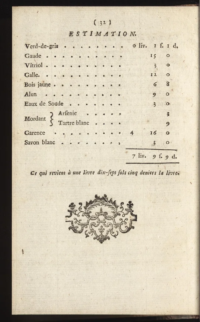 An illustration from Procès-verbal des opérations de teintures faites à Yvetot, 1756, leaf 39