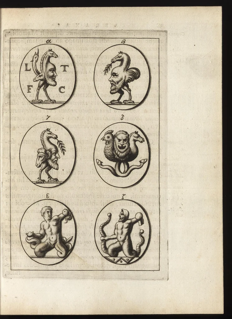An illustration from Ioannis Macarii canonici ariensis Abraxas, seu, Apistopistus : quae est antiquaria de gemmis basilidianis disquisitio : accedit Abraxas proteus, seu multiformis gemmae basilidianae portentosa varietas, 1657, leaf 54