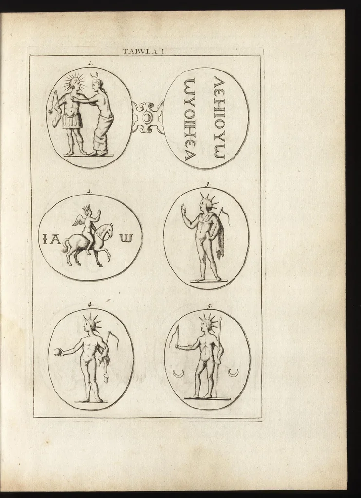 An illustration from Ioannis Macarii canonici ariensis Abraxas, seu, Apistopistus : quae est antiquaria de gemmis basilidianis disquisitio : accedit Abraxas proteus, seu multiformis gemmae basilidianae portentosa varietas, 1657, leaf 66