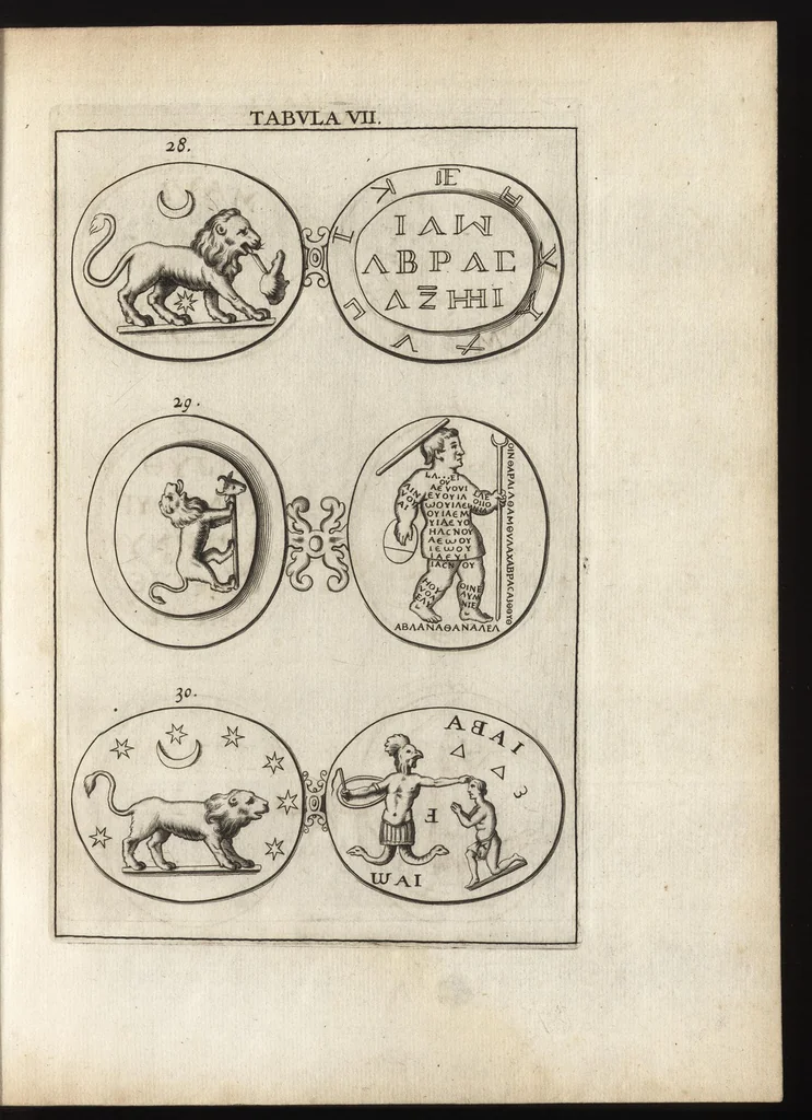 An illustration from Ioannis Macarii canonici ariensis Abraxas, seu, Apistopistus : quae est antiquaria de gemmis basilidianis disquisitio : accedit Abraxas proteus, seu multiformis gemmae basilidianae portentosa varietas, 1657, leaf 72