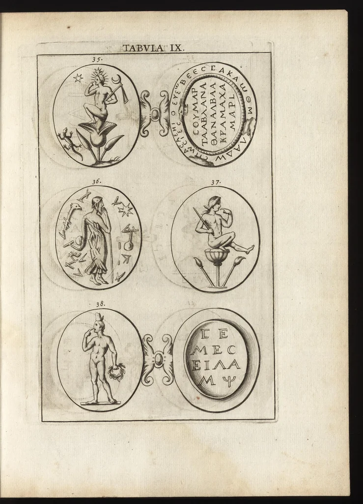 An illustration from Ioannis Macarii canonici ariensis Abraxas, seu, Apistopistus : quae est antiquaria de gemmis basilidianis disquisitio : accedit Abraxas proteus, seu multiformis gemmae basilidianae portentosa varietas, 1657, leaf 74