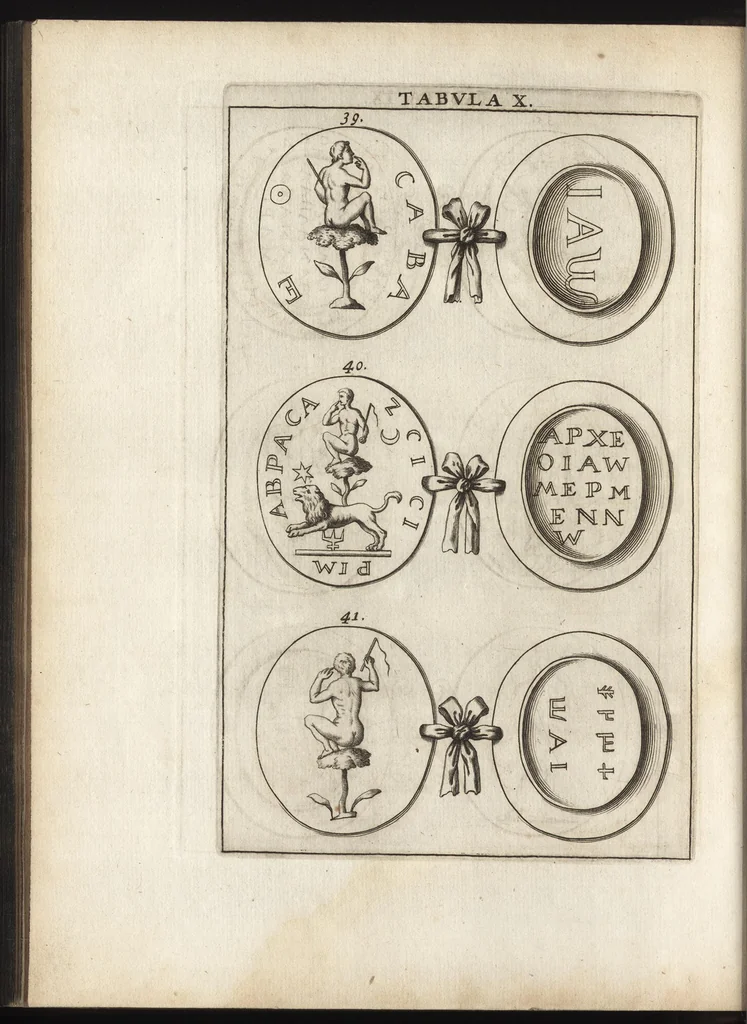 An illustration from Ioannis Macarii canonici ariensis Abraxas, seu, Apistopistus : quae est antiquaria de gemmis basilidianis disquisitio : accedit Abraxas proteus, seu multiformis gemmae basilidianae portentosa varietas, 1657, leaf 75