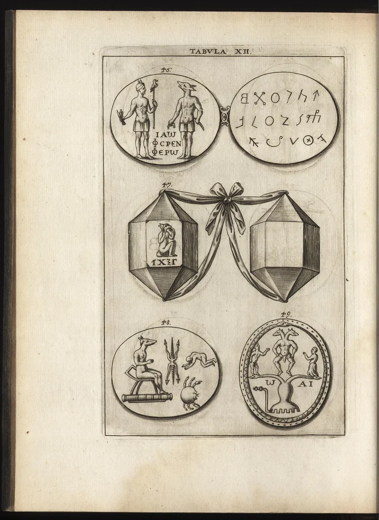 An illustration from Ioannis Macarii canonici ariensis Abraxas, seu, Apistopistus : quae est antiquaria de gemmis basilidianis disquisitio : accedit Abraxas proteus, seu multiformis gemmae basilidianae portentosa varietas, 1657, leaf 77