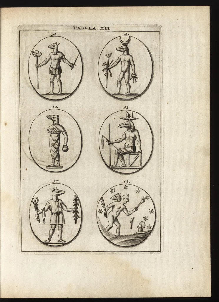 An illustration from Ioannis Macarii canonici ariensis Abraxas, seu, Apistopistus : quae est antiquaria de gemmis basilidianis disquisitio : accedit Abraxas proteus, seu multiformis gemmae basilidianae portentosa varietas, 1657, leaf 78