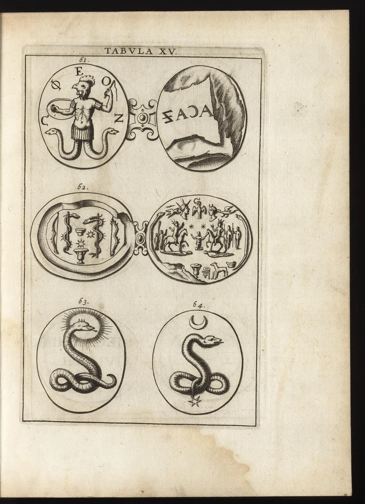 An illustration from Ioannis Macarii canonici ariensis Abraxas, seu, Apistopistus : quae est antiquaria de gemmis basilidianis disquisitio : accedit Abraxas proteus, seu multiformis gemmae basilidianae portentosa varietas, 1657, leaf 80