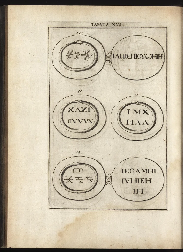 An illustration from Ioannis Macarii canonici ariensis Abraxas, seu, Apistopistus : quae est antiquaria de gemmis basilidianis disquisitio : accedit Abraxas proteus, seu multiformis gemmae basilidianae portentosa varietas, 1657, leaf 81