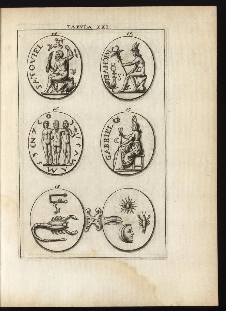 An illustration from Ioannis Macarii canonici ariensis Abraxas, seu, Apistopistus : quae est antiquaria de gemmis basilidianis disquisitio : accedit Abraxas proteus, seu multiformis gemmae basilidianae portentosa varietas, 1657, leaf 86
