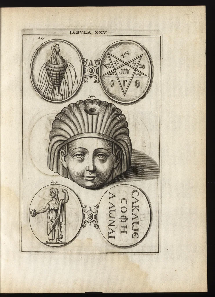 An illustration from Ioannis Macarii canonici ariensis Abraxas, seu, Apistopistus : quae est antiquaria de gemmis basilidianis disquisitio : accedit Abraxas proteus, seu multiformis gemmae basilidianae portentosa varietas, 1657, leaf 90