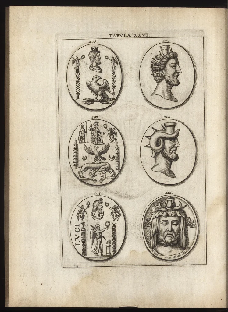 An illustration from Ioannis Macarii canonici ariensis Abraxas, seu, Apistopistus : quae est antiquaria de gemmis basilidianis disquisitio : accedit Abraxas proteus, seu multiformis gemmae basilidianae portentosa varietas, 1657, leaf 91