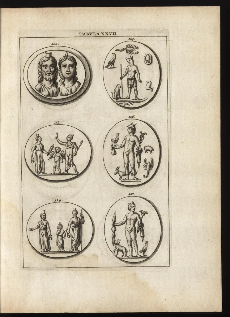 An illustration from Ioannis Macarii canonici ariensis Abraxas, seu, Apistopistus : quae est antiquaria de gemmis basilidianis disquisitio : accedit Abraxas proteus, seu multiformis gemmae basilidianae portentosa varietas, 1657, leaf 92