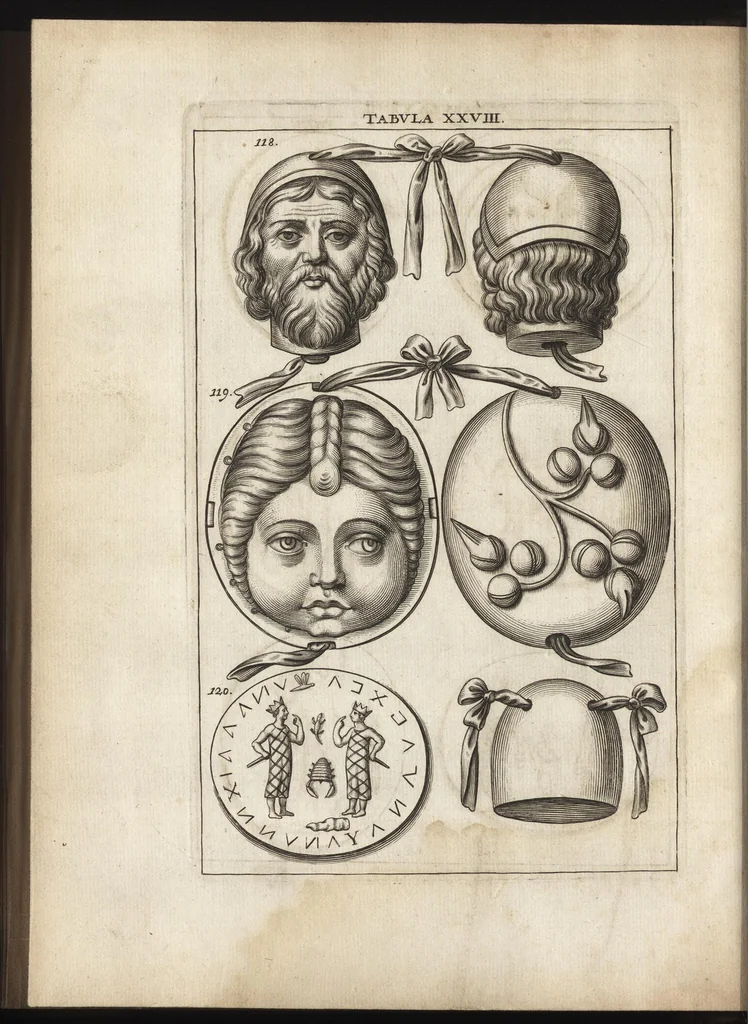 An illustration from Ioannis Macarii canonici ariensis Abraxas, seu, Apistopistus : quae est antiquaria de gemmis basilidianis disquisitio : accedit Abraxas proteus, seu multiformis gemmae basilidianae portentosa varietas, 1657, leaf 93