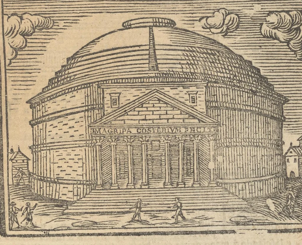 An illustration from Roma ricercata nel suo sito : con tutte le curiosità, che in essa si ritrouano, tanto antiche, come moderne, cioè chiese, monasterij, hospidali, collegij, seminarij, tempij, teatri, anfiteatri, naumachie, cerchi, fori, curie, palazzi, e statue, librarie, musei, pitture, sculture, & i nomi degl' artefici, 1693, leaf 100