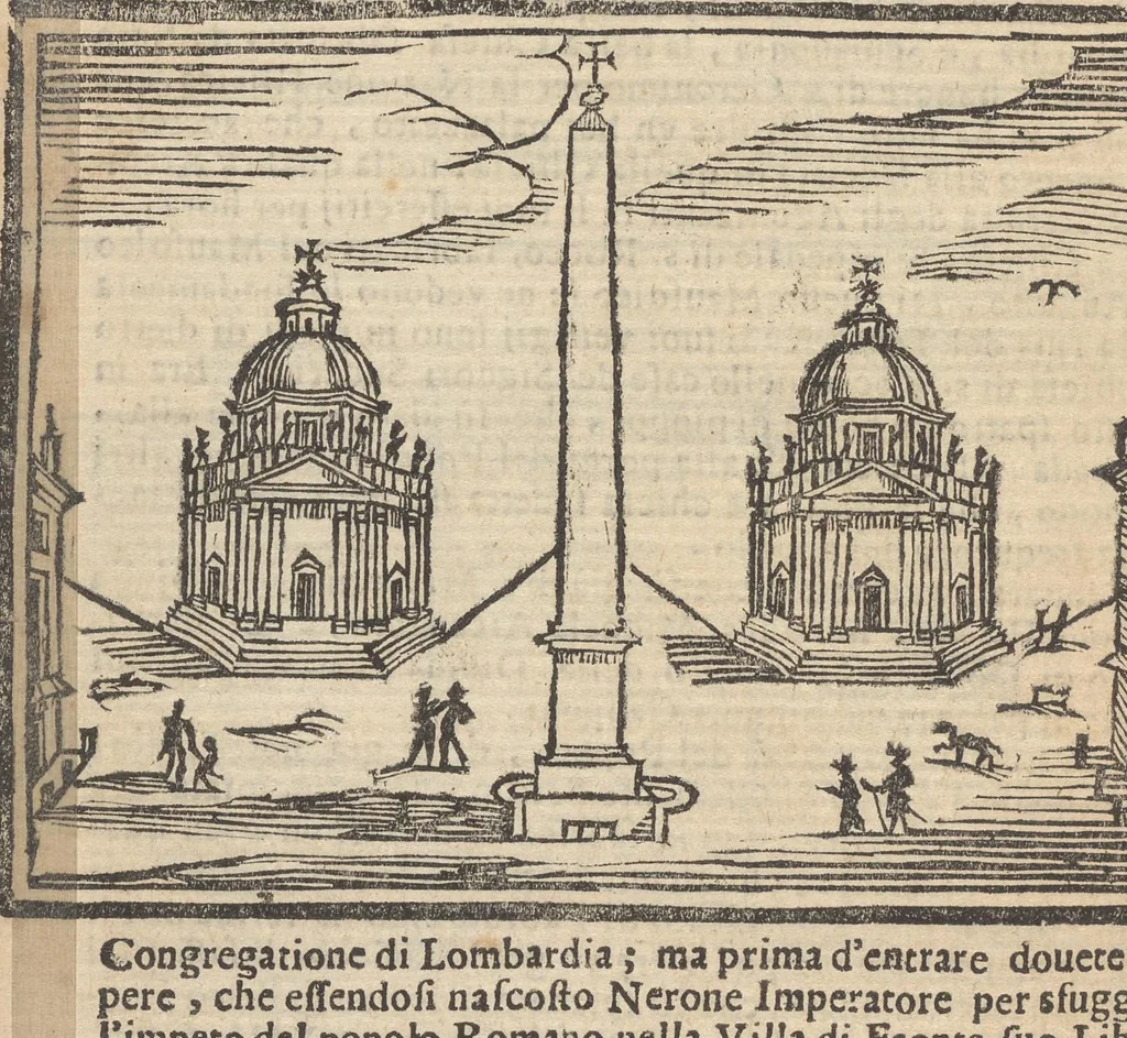 An illustration from Roma ricercata nel suo sito : con tutte le curiosità, che in essa si ritrouano, tanto antiche, come moderne, cioè chiese, monasterij, hospidali, collegij, seminarij, tempij, teatri, anfiteatri, naumachie, cerchi, fori, curie, palazzi, e statue, librarie, musei, pitture, sculture, & i nomi degl' artefici, 1693, leaf 111