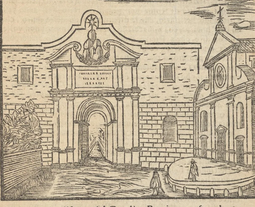 An illustration from Roma ricercata nel suo sito : con tutte le curiosità, che in essa si ritrouano, tanto antiche, come moderne, cioè chiese, monasterij, hospidali, collegij, seminarij, tempij, teatri, anfiteatri, naumachie, cerchi, fori, curie, palazzi, e statue, librarie, musei, pitture, sculture, & i nomi degl' artefici, 1693, leaf 114