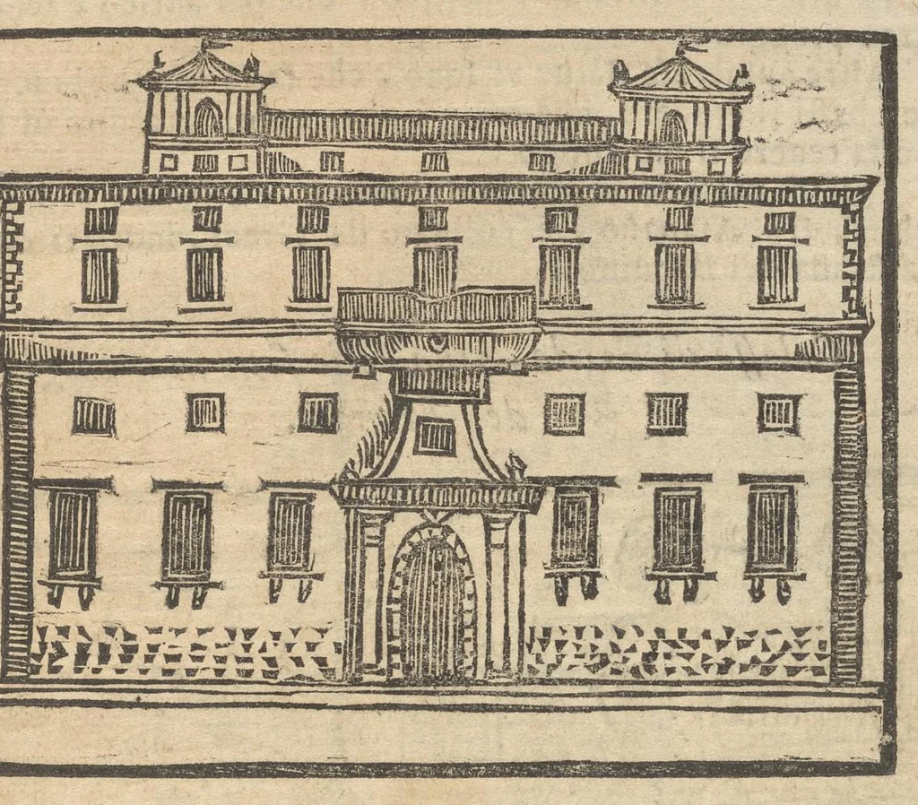 An illustration from Roma ricercata nel suo sito : con tutte le curiosità, che in essa si ritrouano, tanto antiche, come moderne, cioè chiese, monasterij, hospidali, collegij, seminarij, tempij, teatri, anfiteatri, naumachie, cerchi, fori, curie, palazzi, e statue, librarie, musei, pitture, sculture, & i nomi degl' artefici, 1693, leaf 122