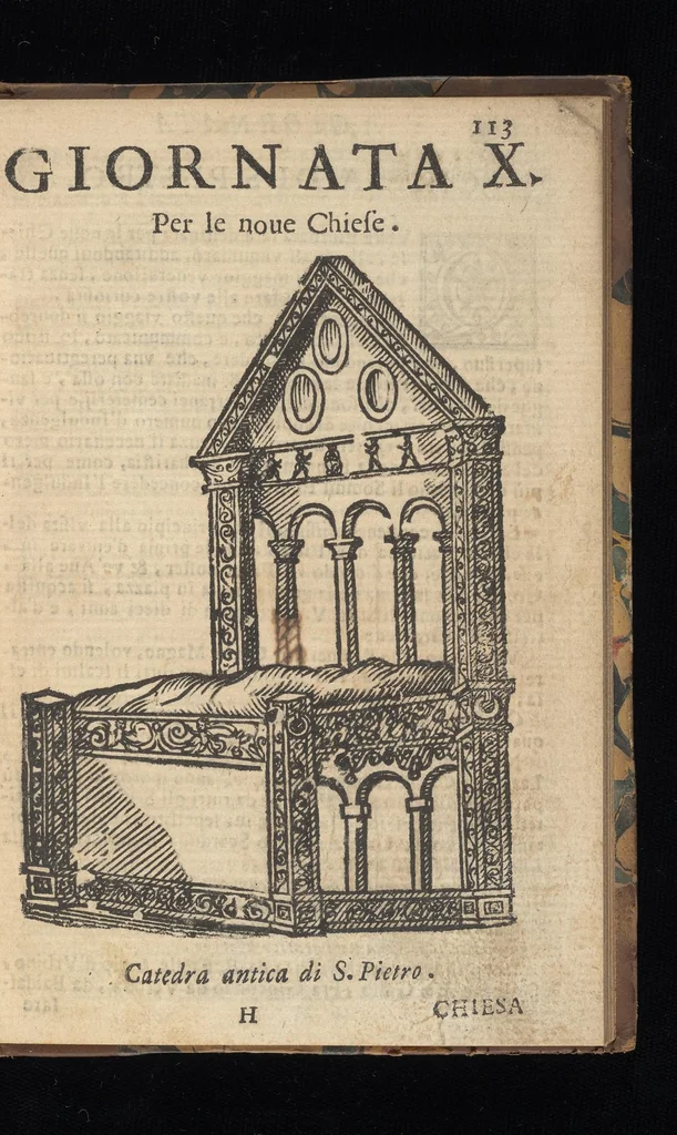 An illustration from Roma ricercata nel suo sito : con tutte le curiosità, che in essa si ritrouano, tanto antiche, come moderne, cioè chiese, monasterij, hospidali, collegij, seminarij, tempij, teatri, anfiteatri, naumachie, cerchi, fori, curie, palazzi, e statue, librarie, musei, pitture, sculture, & i nomi degl' artefici, 1693, leaf 124
