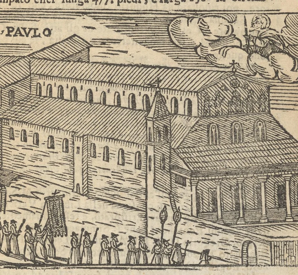 An illustration from Roma ricercata nel suo sito : con tutte le curiosità, che in essa si ritrouano, tanto antiche, come moderne, cioè chiese, monasterij, hospidali, collegij, seminarij, tempij, teatri, anfiteatri, naumachie, cerchi, fori, curie, palazzi, e statue, librarie, musei, pitture, sculture, & i nomi degl' artefici, 1693, leaf 130