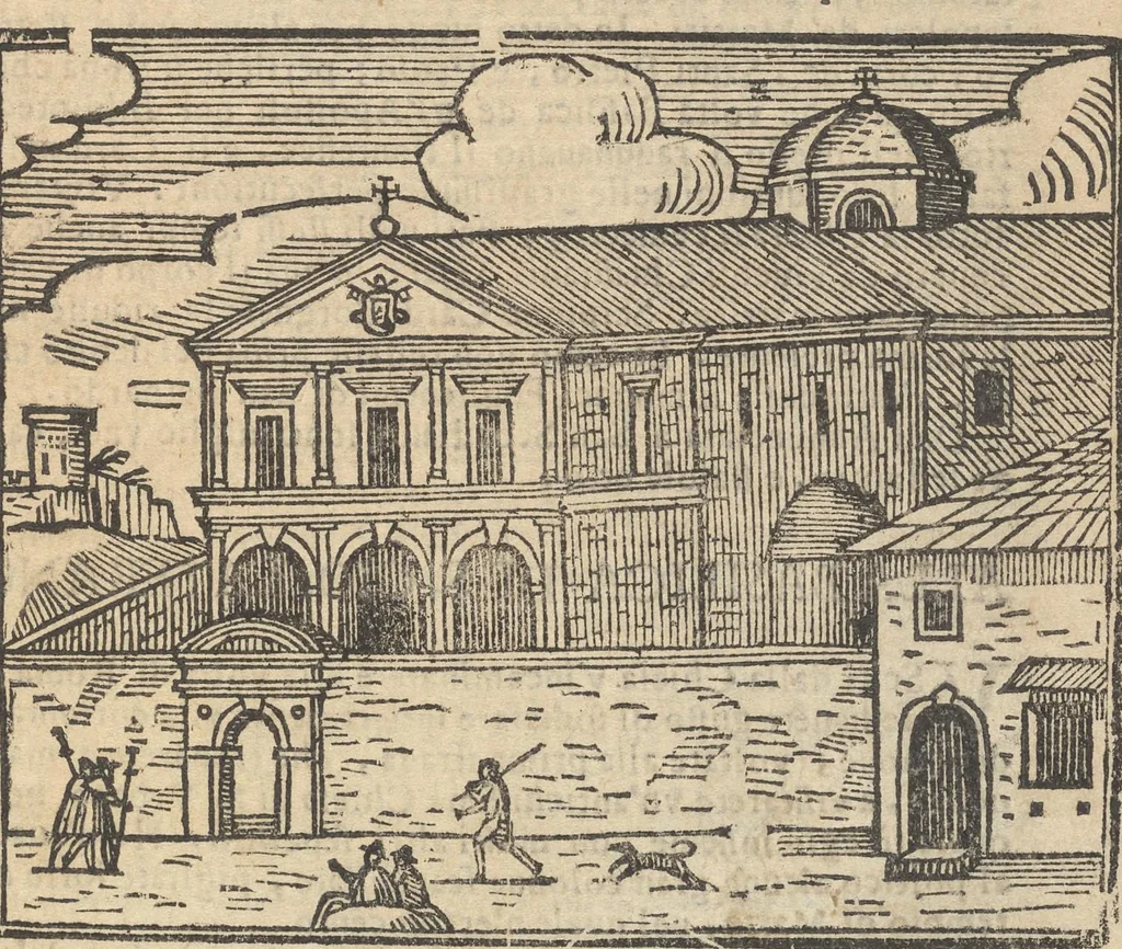 An illustration from Roma ricercata nel suo sito : con tutte le curiosità, che in essa si ritrouano, tanto antiche, come moderne, cioè chiese, monasterij, hospidali, collegij, seminarij, tempij, teatri, anfiteatri, naumachie, cerchi, fori, curie, palazzi, e statue, librarie, musei, pitture, sculture, & i nomi degl' artefici, 1693, leaf 134