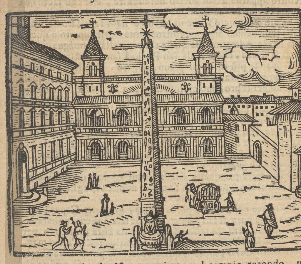 An illustration from Roma ricercata nel suo sito : con tutte le curiosità, che in essa si ritrouano, tanto antiche, come moderne, cioè chiese, monasterij, hospidali, collegij, seminarij, tempij, teatri, anfiteatri, naumachie, cerchi, fori, curie, palazzi, e statue, librarie, musei, pitture, sculture, & i nomi degl' artefici, 1693, leaf 139