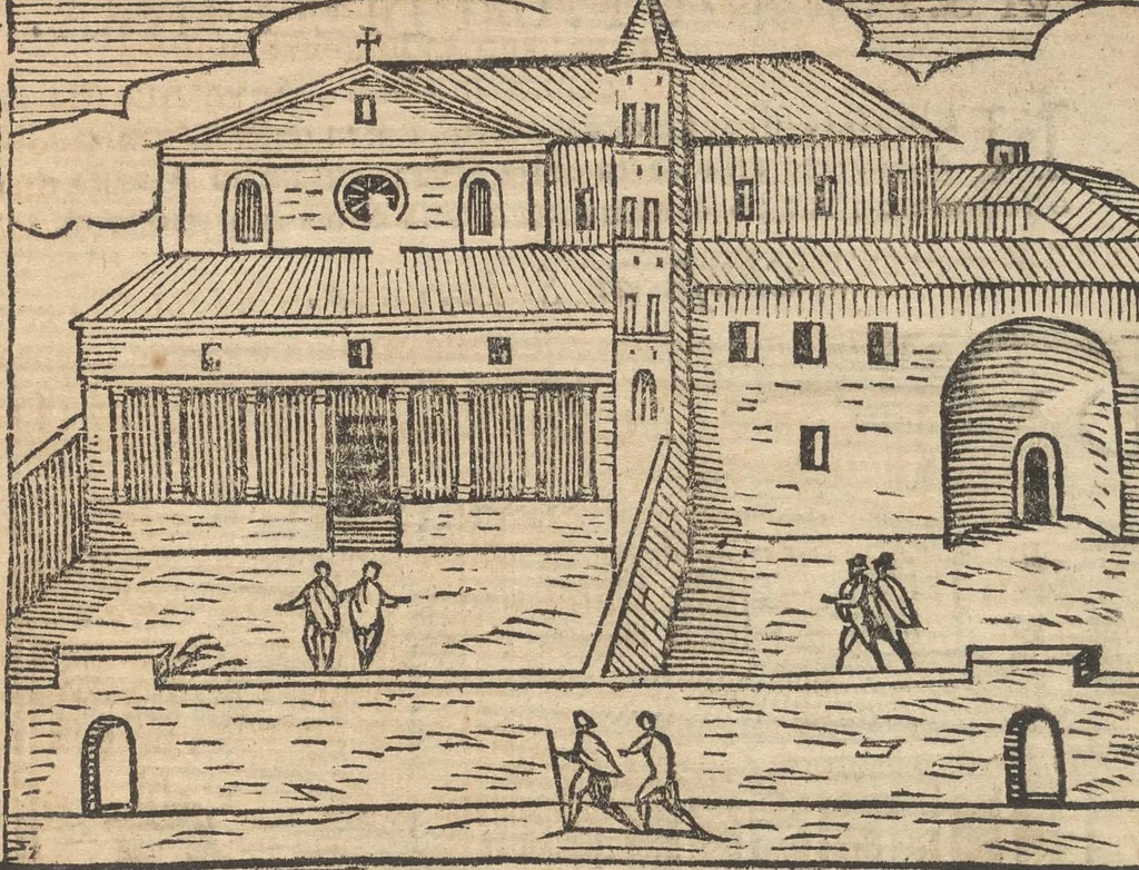 An illustration from Roma ricercata nel suo sito : con tutte le curiosità, che in essa si ritrouano, tanto antiche, come moderne, cioè chiese, monasterij, hospidali, collegij, seminarij, tempij, teatri, anfiteatri, naumachie, cerchi, fori, curie, palazzi, e statue, librarie, musei, pitture, sculture, & i nomi degl' artefici, 1693, leaf 148