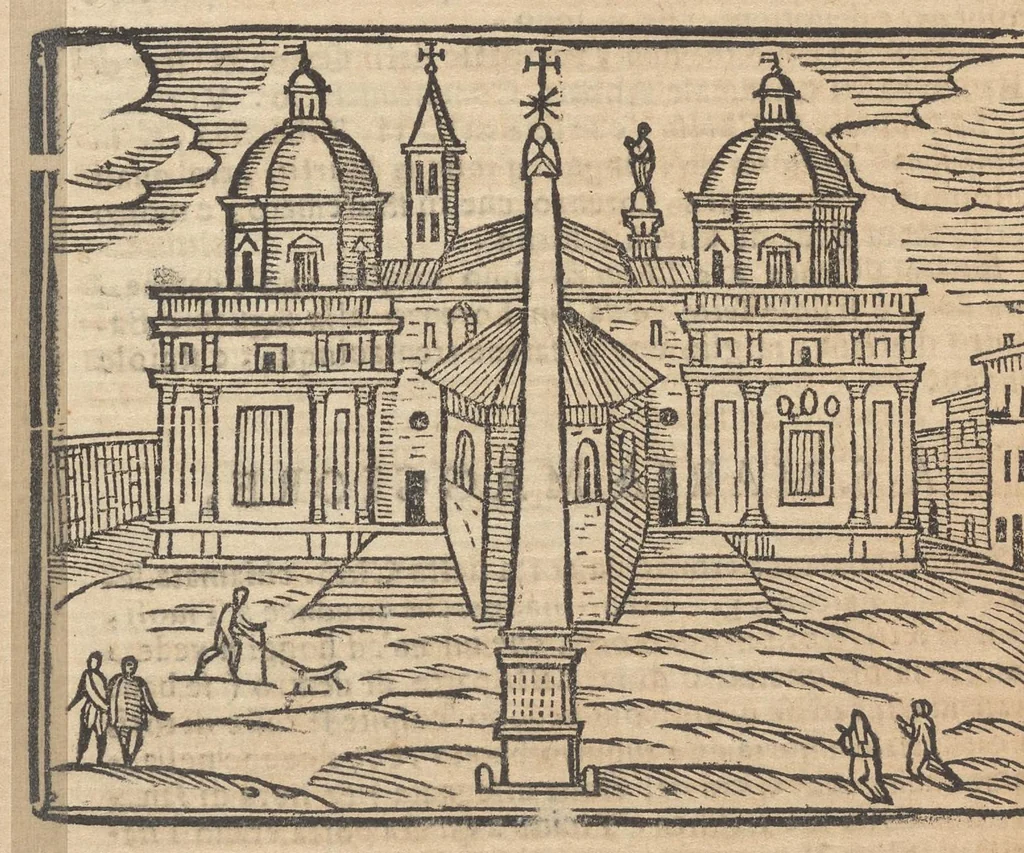An illustration from Roma ricercata nel suo sito : con tutte le curiosità, che in essa si ritrouano, tanto antiche, come moderne, cioè chiese, monasterij, hospidali, collegij, seminarij, tempij, teatri, anfiteatri, naumachie, cerchi, fori, curie, palazzi, e statue, librarie, musei, pitture, sculture, & i nomi degl' artefici, 1693, leaf 151