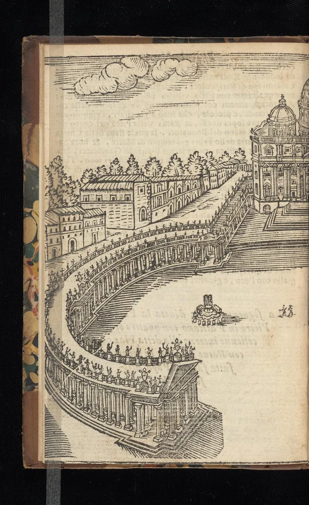 An illustration from Roma ricercata nel suo sito : con tutte le curiosità, che in essa si ritrouano, tanto antiche, come moderne, cioè chiese, monasterij, hospidali, collegij, seminarij, tempij, teatri, anfiteatri, naumachie, cerchi, fori, curie, palazzi, e statue, librarie, musei, pitture, sculture, & i nomi degl' artefici, 1693, leaf 19