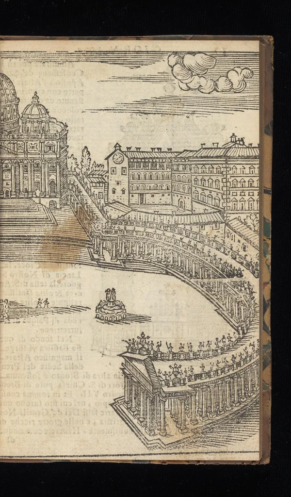 An illustration from Roma ricercata nel suo sito : con tutte le curiosità, che in essa si ritrouano, tanto antiche, come moderne, cioè chiese, monasterij, hospidali, collegij, seminarij, tempij, teatri, anfiteatri, naumachie, cerchi, fori, curie, palazzi, e statue, librarie, musei, pitture, sculture, & i nomi degl' artefici, 1693, leaf 20