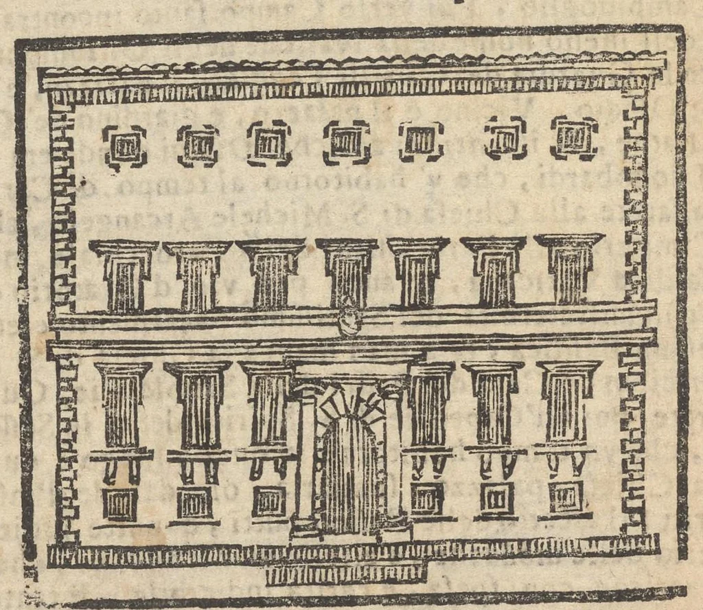 An illustration from Roma ricercata nel suo sito : con tutte le curiosità, che in essa si ritrouano, tanto antiche, come moderne, cioè chiese, monasterij, hospidali, collegij, seminarij, tempij, teatri, anfiteatri, naumachie, cerchi, fori, curie, palazzi, e statue, librarie, musei, pitture, sculture, & i nomi degl' artefici, 1693, leaf 27