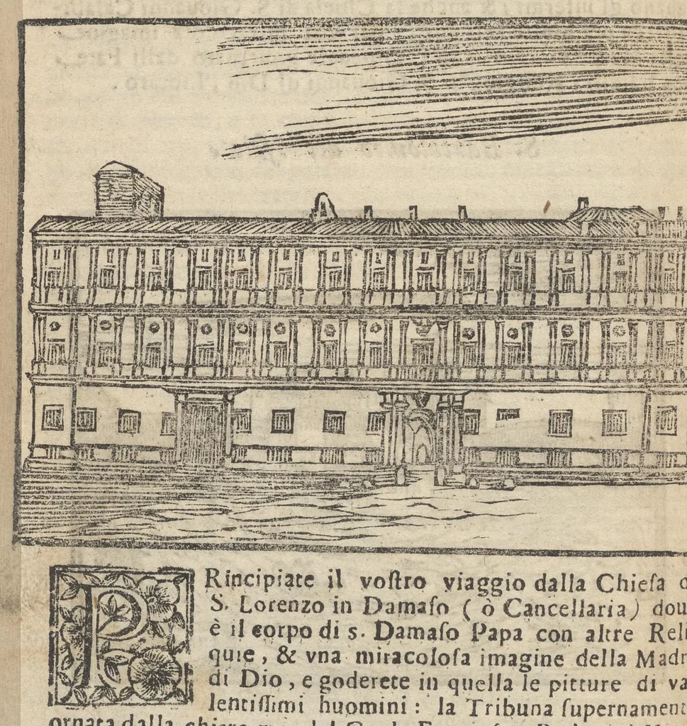 An illustration from Roma ricercata nel suo sito : con tutte le curiosità, che in essa si ritrouano, tanto antiche, come moderne, cioè chiese, monasterij, hospidali, collegij, seminarij, tempij, teatri, anfiteatri, naumachie, cerchi, fori, curie, palazzi, e statue, librarie, musei, pitture, sculture, & i nomi degl' artefici, 1693, leaf 43