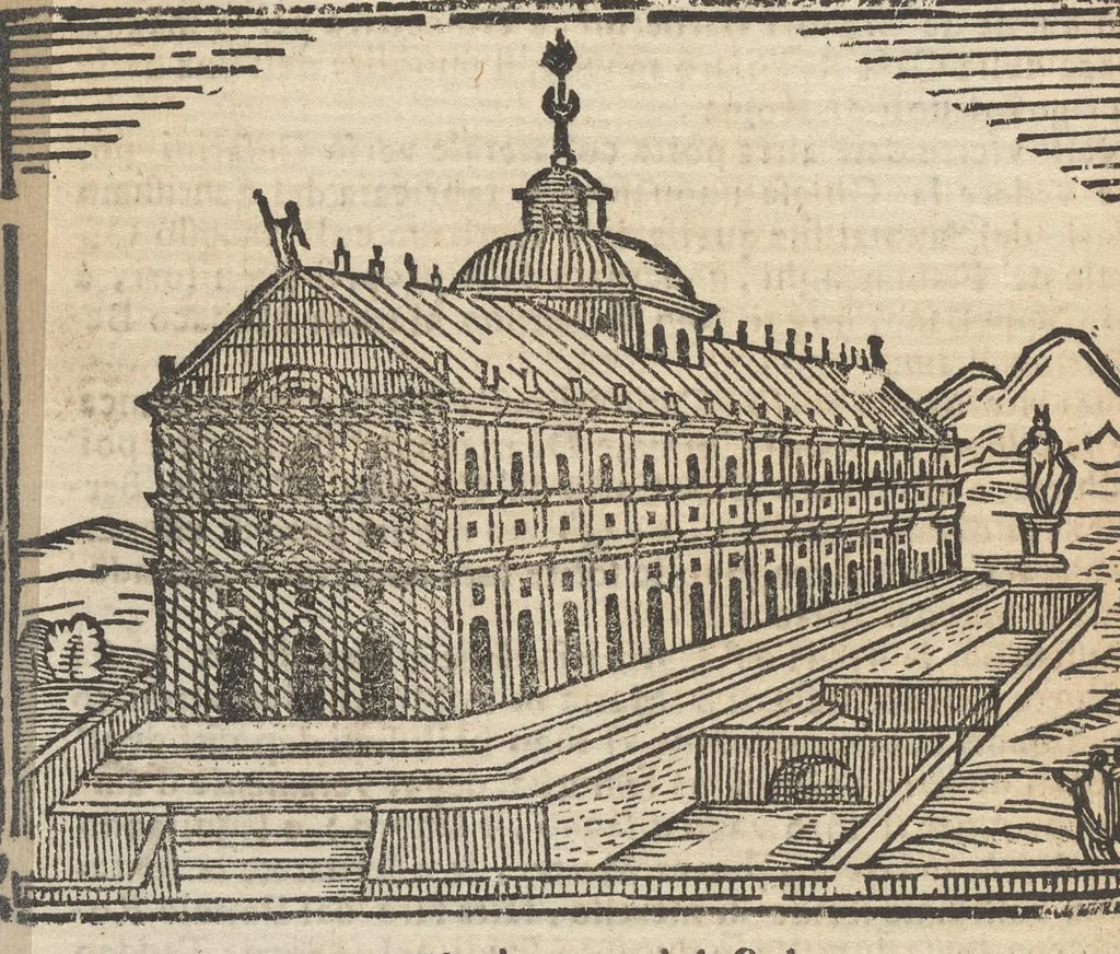 An illustration from Roma ricercata nel suo sito : con tutte le curiosità, che in essa si ritrouano, tanto antiche, come moderne, cioè chiese, monasterij, hospidali, collegij, seminarij, tempij, teatri, anfiteatri, naumachie, cerchi, fori, curie, palazzi, e statue, librarie, musei, pitture, sculture, & i nomi degl' artefici, 1693, leaf 45