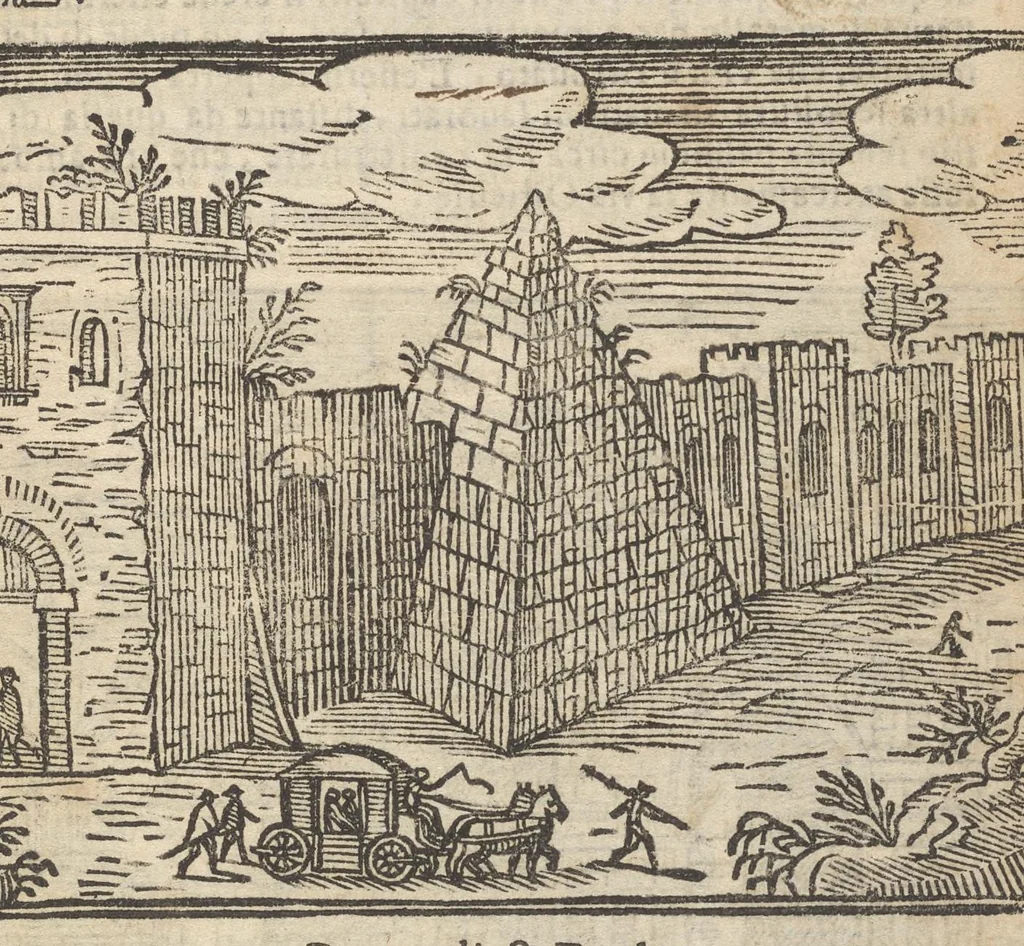 An illustration from Roma ricercata nel suo sito : con tutte le curiosità, che in essa si ritrouano, tanto antiche, come moderne, cioè chiese, monasterij, hospidali, collegij, seminarij, tempij, teatri, anfiteatri, naumachie, cerchi, fori, curie, palazzi, e statue, librarie, musei, pitture, sculture, & i nomi degl' artefici, 1693, leaf 48