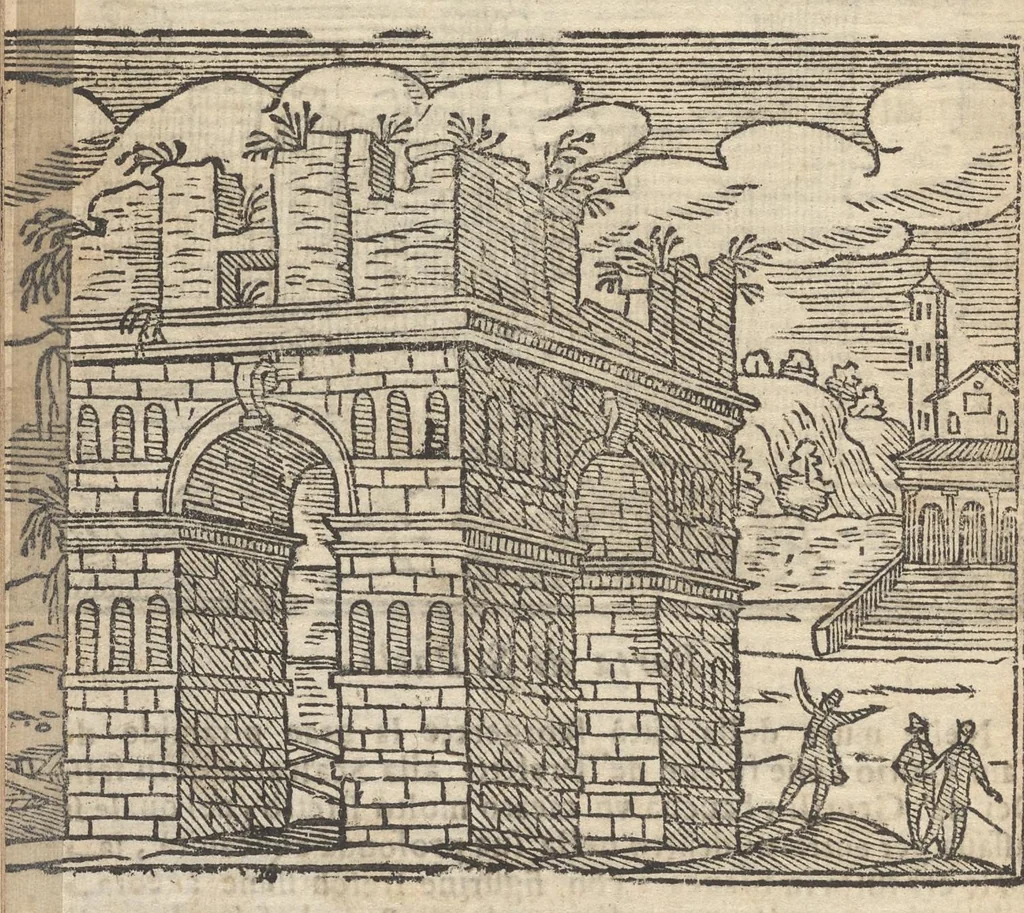 An illustration from Roma ricercata nel suo sito : con tutte le curiosità, che in essa si ritrouano, tanto antiche, come moderne, cioè chiese, monasterij, hospidali, collegij, seminarij, tempij, teatri, anfiteatri, naumachie, cerchi, fori, curie, palazzi, e statue, librarie, musei, pitture, sculture, & i nomi degl' artefici, 1693, leaf 49