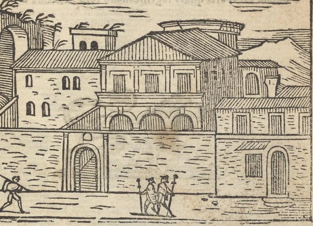 An illustration from Roma ricercata nel suo sito : con tutte le curiosità, che in essa si ritrouano, tanto antiche, come moderne, cioè chiese, monasterij, hospidali, collegij, seminarij, tempij, teatri, anfiteatri, naumachie, cerchi, fori, curie, palazzi, e statue, librarie, musei, pitture, sculture, & i nomi degl' artefici, 1693, leaf 50