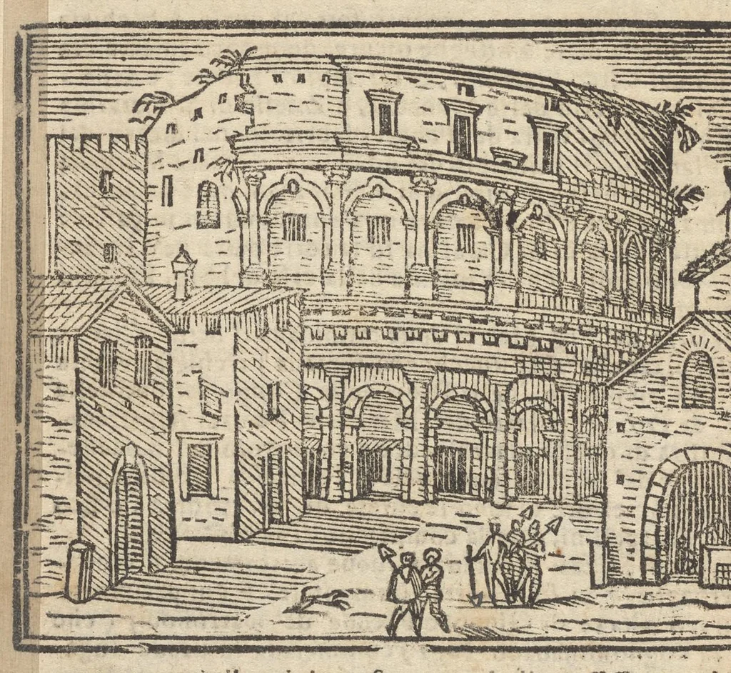 An illustration from Roma ricercata nel suo sito : con tutte le curiosità, che in essa si ritrouano, tanto antiche, come moderne, cioè chiese, monasterij, hospidali, collegij, seminarij, tempij, teatri, anfiteatri, naumachie, cerchi, fori, curie, palazzi, e statue, librarie, musei, pitture, sculture, & i nomi degl' artefici, 1693, leaf 55