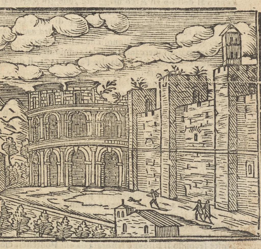 An illustration from Roma ricercata nel suo sito : con tutte le curiosità, che in essa si ritrouano, tanto antiche, come moderne, cioè chiese, monasterij, hospidali, collegij, seminarij, tempij, teatri, anfiteatri, naumachie, cerchi, fori, curie, palazzi, e statue, librarie, musei, pitture, sculture, & i nomi degl' artefici, 1693, leaf 56