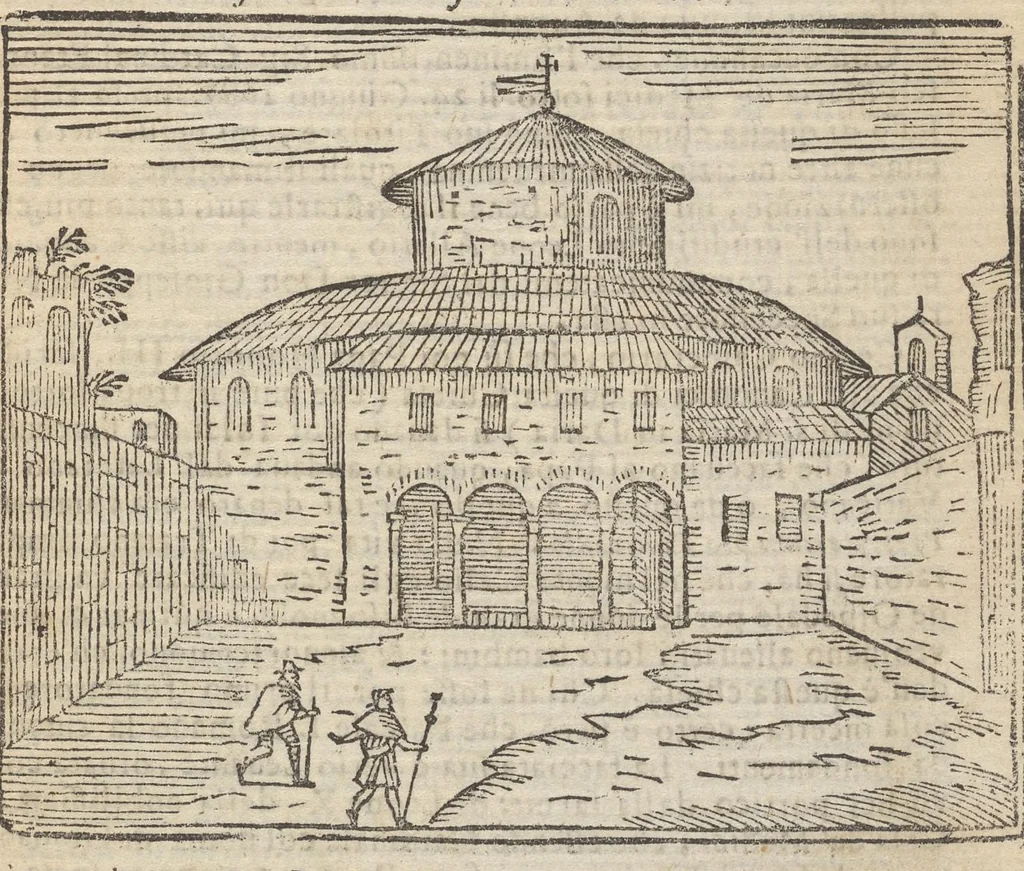 An illustration from Roma ricercata nel suo sito : con tutte le curiosità, che in essa si ritrouano, tanto antiche, come moderne, cioè chiese, monasterij, hospidali, collegij, seminarij, tempij, teatri, anfiteatri, naumachie, cerchi, fori, curie, palazzi, e statue, librarie, musei, pitture, sculture, & i nomi degl' artefici, 1693, leaf 62