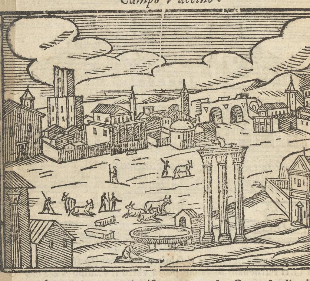 An illustration from Roma ricercata nel suo sito : con tutte le curiosità, che in essa si ritrouano, tanto antiche, come moderne, cioè chiese, monasterij, hospidali, collegij, seminarij, tempij, teatri, anfiteatri, naumachie, cerchi, fori, curie, palazzi, e statue, librarie, musei, pitture, sculture, & i nomi degl' artefici, 1693, leaf 67