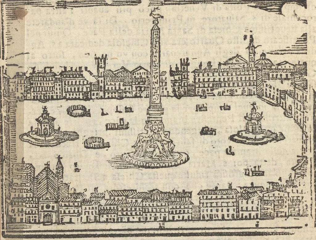 An illustration from Roma ricercata nel suo sito : con tutte le curiosità, che in essa si ritrouano, tanto antiche, come moderne, cioè chiese, monasterij, hospidali, collegij, seminarij, tempij, teatri, anfiteatri, naumachie, cerchi, fori, curie, palazzi, e statue, librarie, musei, pitture, sculture, & i nomi degl' artefici, 1693, leaf 71