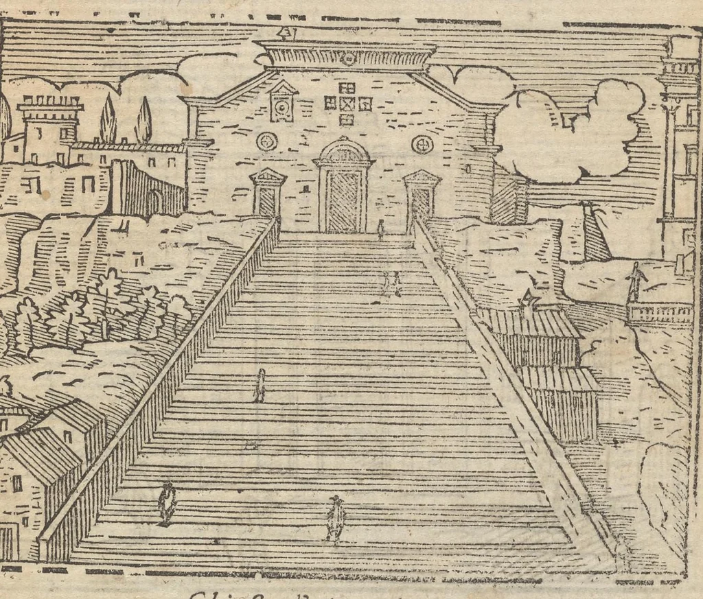 An illustration from Roma ricercata nel suo sito : con tutte le curiosità, che in essa si ritrouano, tanto antiche, come moderne, cioè chiese, monasterij, hospidali, collegij, seminarij, tempij, teatri, anfiteatri, naumachie, cerchi, fori, curie, palazzi, e statue, librarie, musei, pitture, sculture, & i nomi degl' artefici, 1693, leaf 74