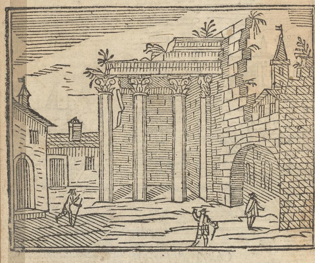 An illustration from Roma ricercata nel suo sito : con tutte le curiosità, che in essa si ritrouano, tanto antiche, come moderne, cioè chiese, monasterij, hospidali, collegij, seminarij, tempij, teatri, anfiteatri, naumachie, cerchi, fori, curie, palazzi, e statue, librarie, musei, pitture, sculture, & i nomi degl' artefici, 1693, leaf 75