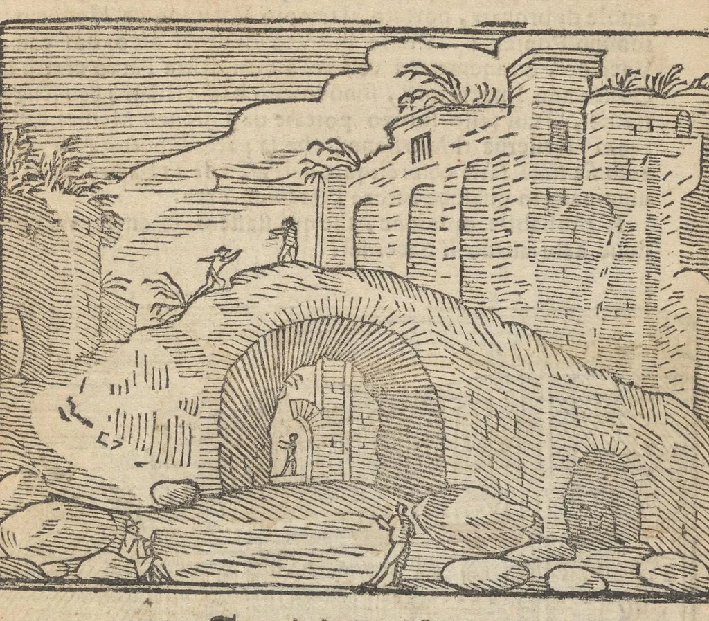 An illustration from Roma ricercata nel suo sito : con tutte le curiosità, che in essa si ritrouano, tanto antiche, come moderne, cioè chiese, monasterij, hospidali, collegij, seminarij, tempij, teatri, anfiteatri, naumachie, cerchi, fori, curie, palazzi, e statue, librarie, musei, pitture, sculture, & i nomi degl' artefici, 1693, leaf 78