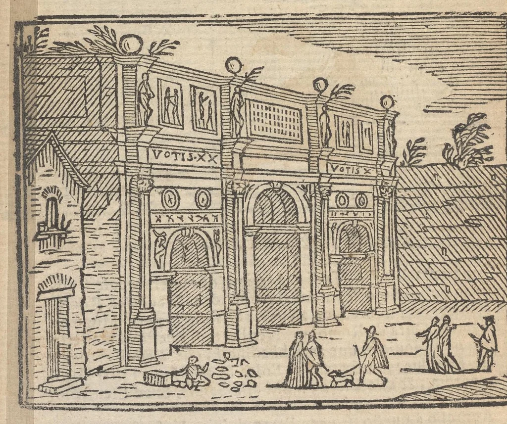 An illustration from Roma ricercata nel suo sito : con tutte le curiosità, che in essa si ritrouano, tanto antiche, come moderne, cioè chiese, monasterij, hospidali, collegij, seminarij, tempij, teatri, anfiteatri, naumachie, cerchi, fori, curie, palazzi, e statue, librarie, musei, pitture, sculture, & i nomi degl' artefici, 1693, leaf 79